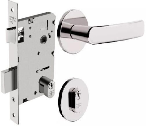 FECHADURA RISIDENCIAL ROSETA REDONDA INOX EXT BROCA 55MM - MAC ALAVANCA